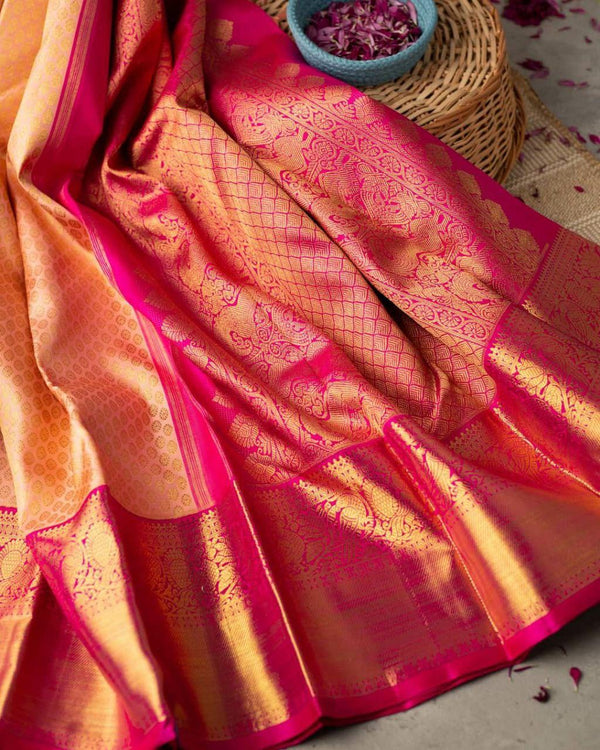 Tremendous Peach Soft Banarasi Silk Saree With Evocative Blouse Piece - Shop authentic Indian Women's Fashion by Silk Folks