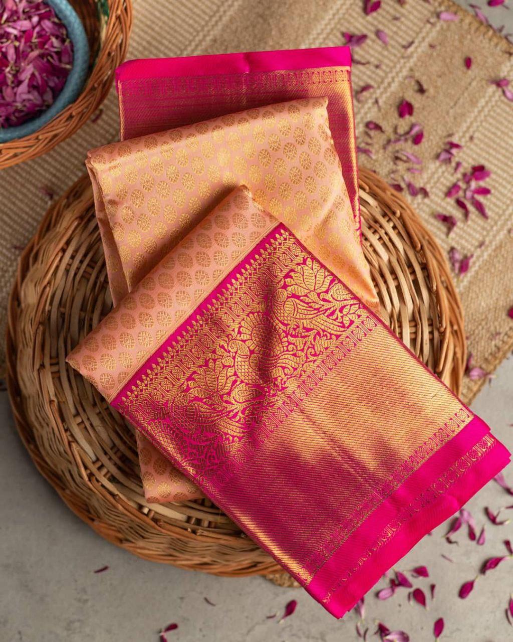 Tremendous Peach Soft Banarasi Silk Saree With Evocative Blouse Piece - Shop authentic Indian Women's Fashion by Silk Folks