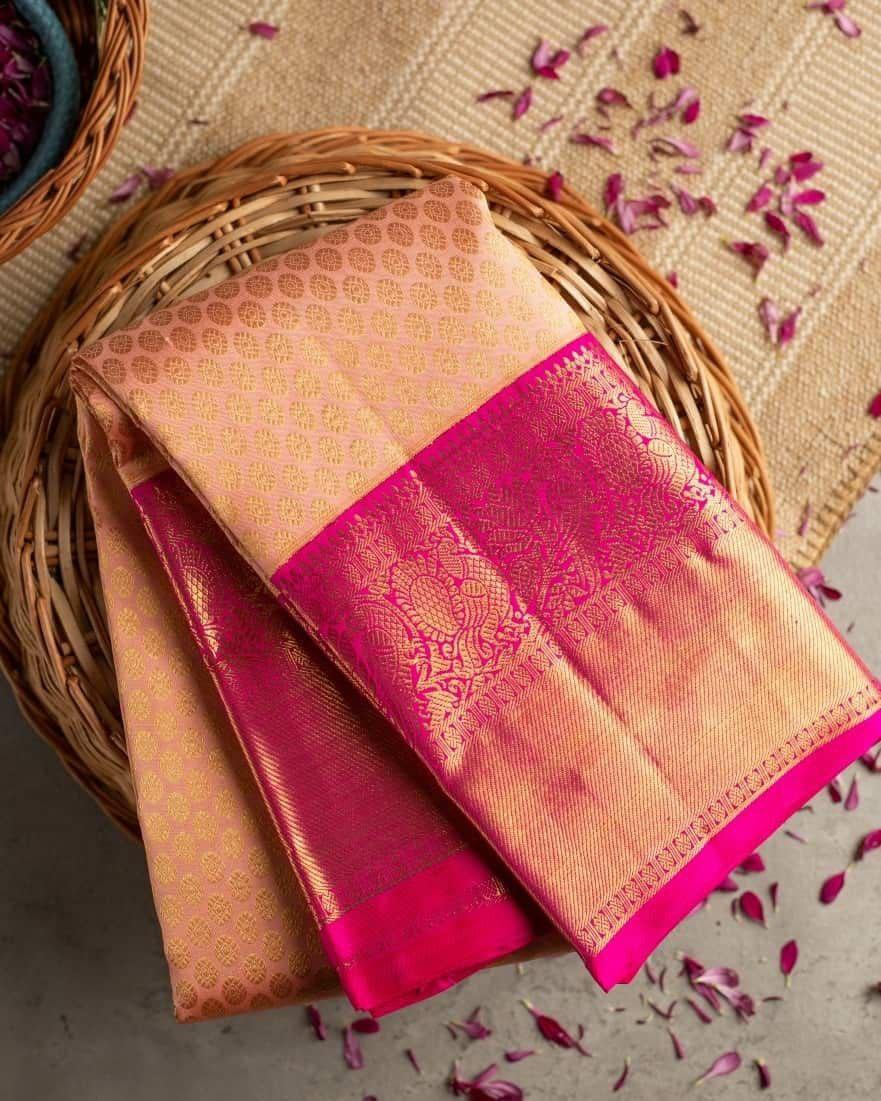 Tremendous Peach Soft Banarasi Silk Saree With Evocative Blouse Piece - Shop authentic Indian Women's Fashion by Silk Folks