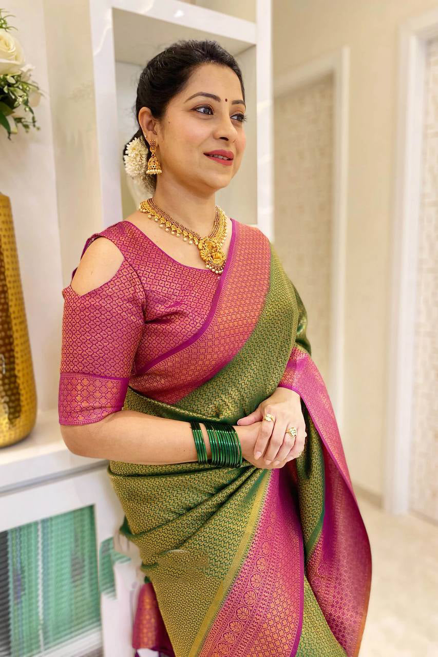 Palimpsest Green Soft Silk Saree With Surreptitious Blouse Piece - Shop authentic Indian Women's Fashion by Silk Folks