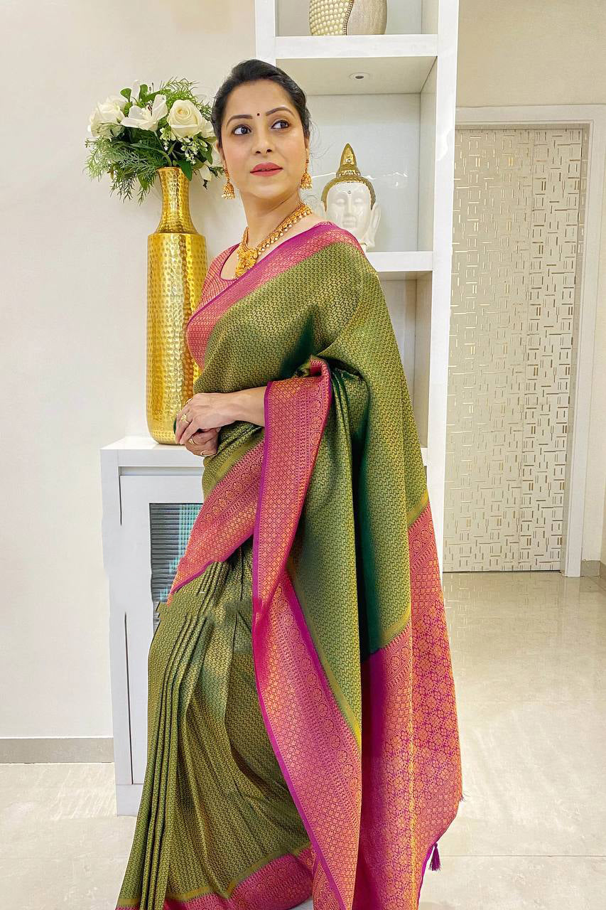 Palimpsest Green Soft Silk Saree With Surreptitious Blouse Piece - Shop authentic Indian Women's Fashion by Silk Folks