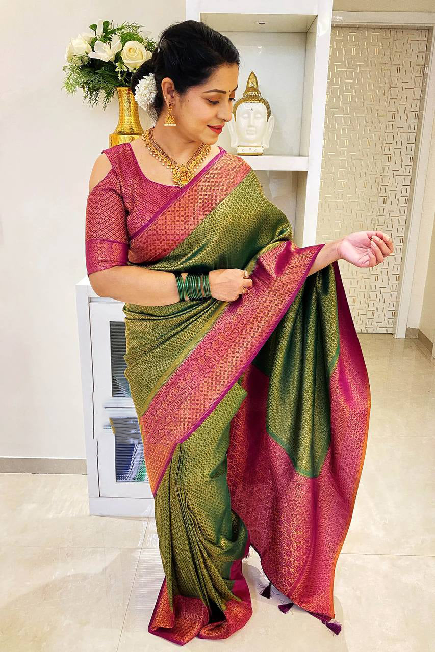 Palimpsest Green Soft Silk Saree With Surreptitious Blouse Piece - Shop authentic Indian Women's Fashion by Silk Folks