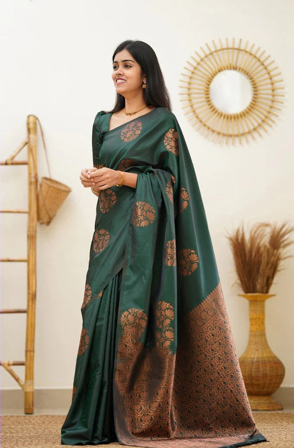 Seraglio Dark Green Soft Silk Saree With Enchanting Blouse Piece - Shop authentic Indian Women's Fashion by Silk Folks