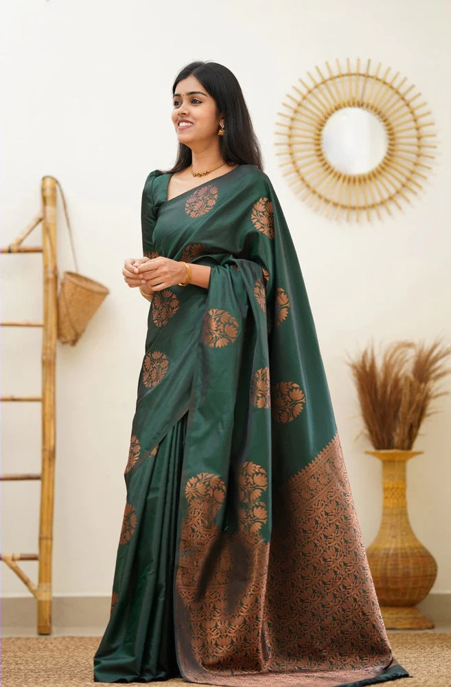 Seraglio Dark Green Soft Silk Saree With Enchanting Blouse Piece - Shop authentic Indian Women's Fashion by Silk Folks