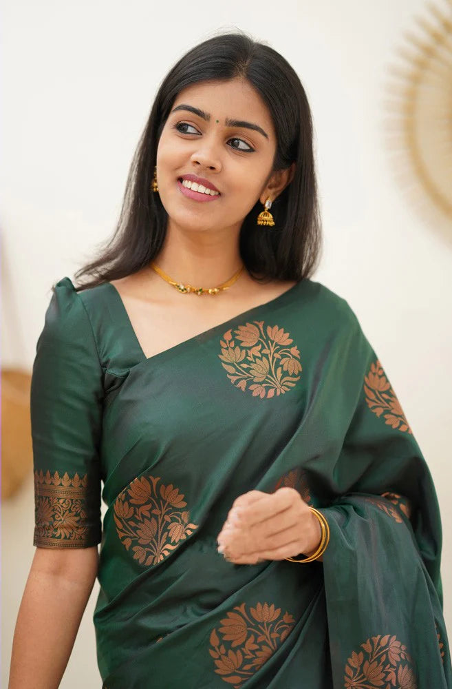 Seraglio Dark Green Soft Silk Saree With Enchanting Blouse Piece - Shop authentic Indian Women's Fashion by Silk Folks
