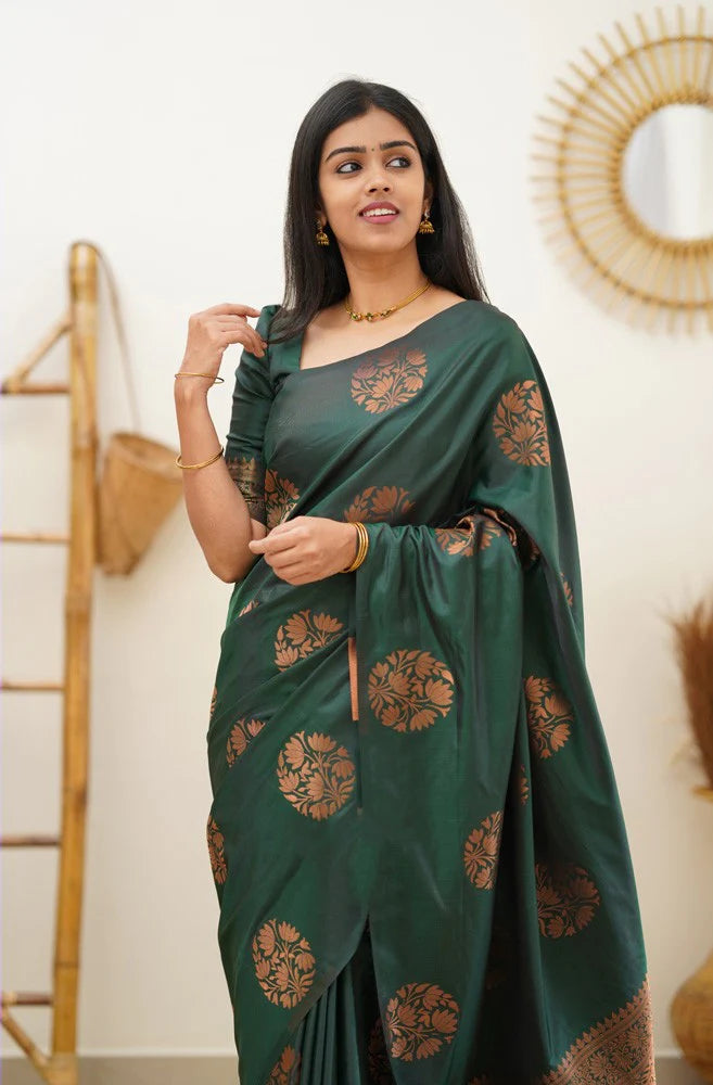 Seraglio Dark Green Soft Silk Saree With Enchanting Blouse Piece - Shop authentic Indian Women's Fashion by Silk Folks
