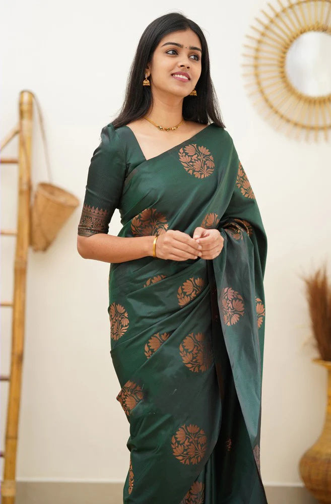 Seraglio Dark Green Soft Silk Saree With Enchanting Blouse Piece - Shop authentic Indian Women's Fashion by Silk Folks