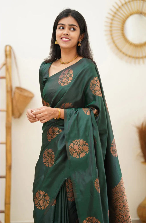 Seraglio Dark Green Soft Silk Saree With Enchanting Blouse Piece - Shop authentic Indian Women's Fashion by Silk Folks