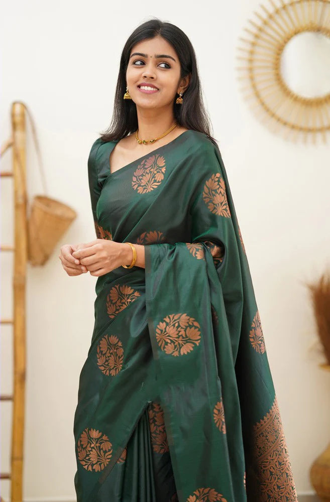 Seraglio Dark Green Soft Silk Saree With Enchanting Blouse Piece - Shop authentic Indian Women's Fashion by Silk Folks