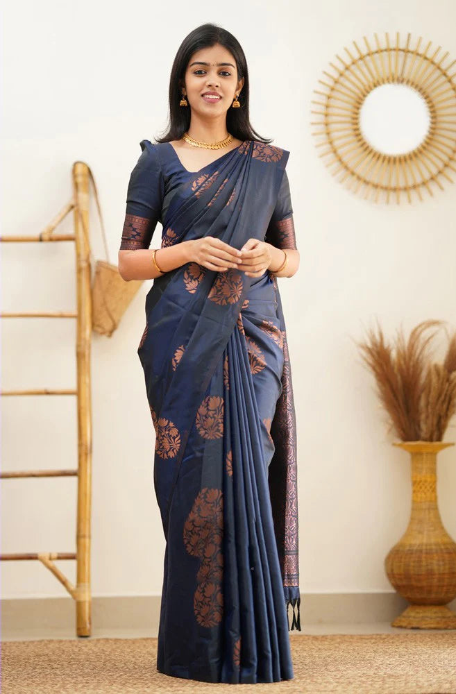 Lagniappe Navy Blue Soft Silk Saree With Engaging Blouse Piece - Shop authentic Indian Women's Fashion by Silk Folks