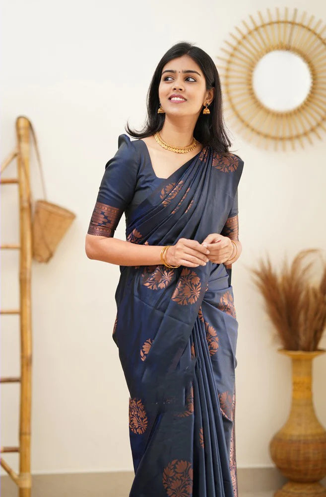 Lagniappe Navy Blue Soft Silk Saree With Engaging Blouse Piece - Shop authentic Indian Women's Fashion by Silk Folks