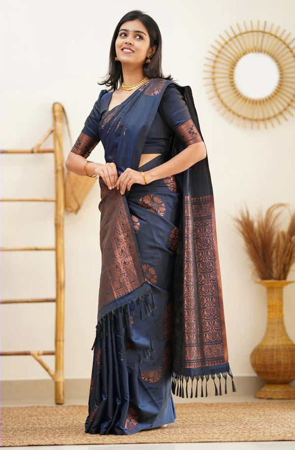 Lagniappe Navy Blue Soft Silk Saree With Engaging Blouse Piece - Shop authentic Indian Women's Fashion by Silk Folks