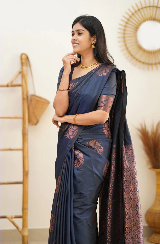 Lagniappe Navy Blue Soft Silk Saree With Engaging Blouse Piece - Shop authentic Indian Women's Fashion by Silk Folks