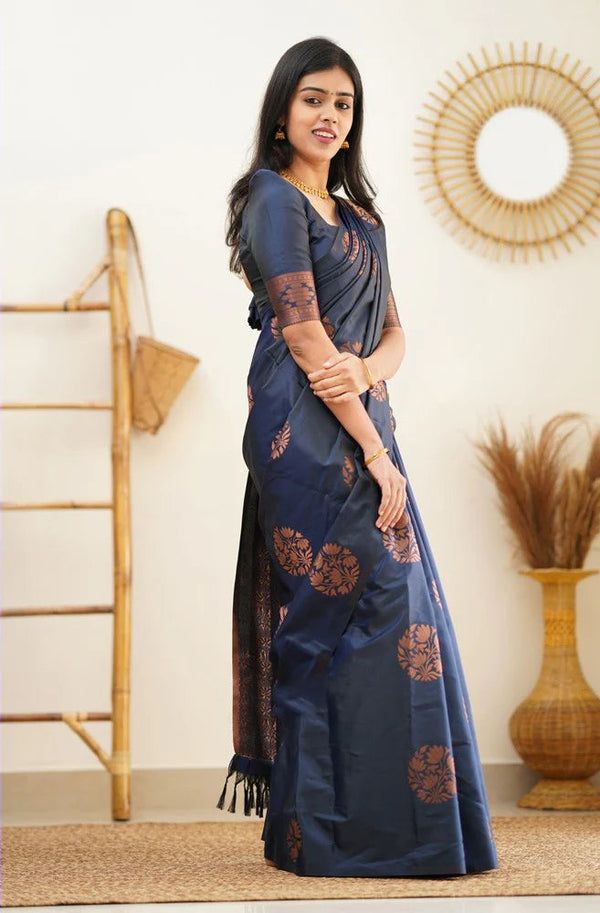Lagniappe Navy Blue Soft Silk Saree With Engaging Blouse Piece - Shop authentic Indian Women's Fashion by Silk Folks