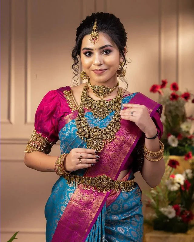 Desiring Firozi Soft Banarasi Silk Saree With Imaginative Blouse Piece - Shop authentic Indian Women's Fashion by Silk Folks