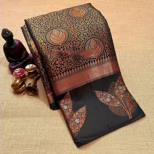 Staring Black Soft Silk Saree With Murmurous Blouse Piece - Shop authentic Indian Women's Fashion by Silk Folks