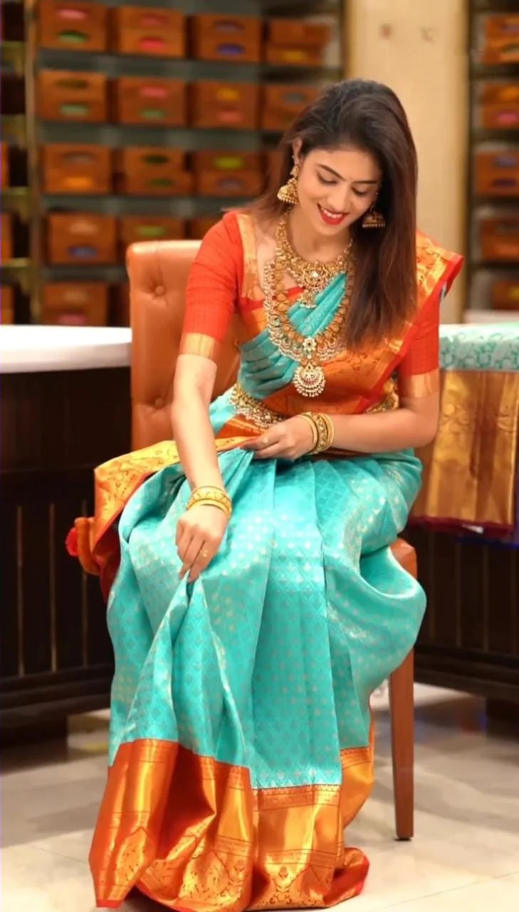 Groovy Turquoise Soft Silk Saree with Propinquity Blouse Piece - Shop authentic Indian Women's Fashion by Silk Folks