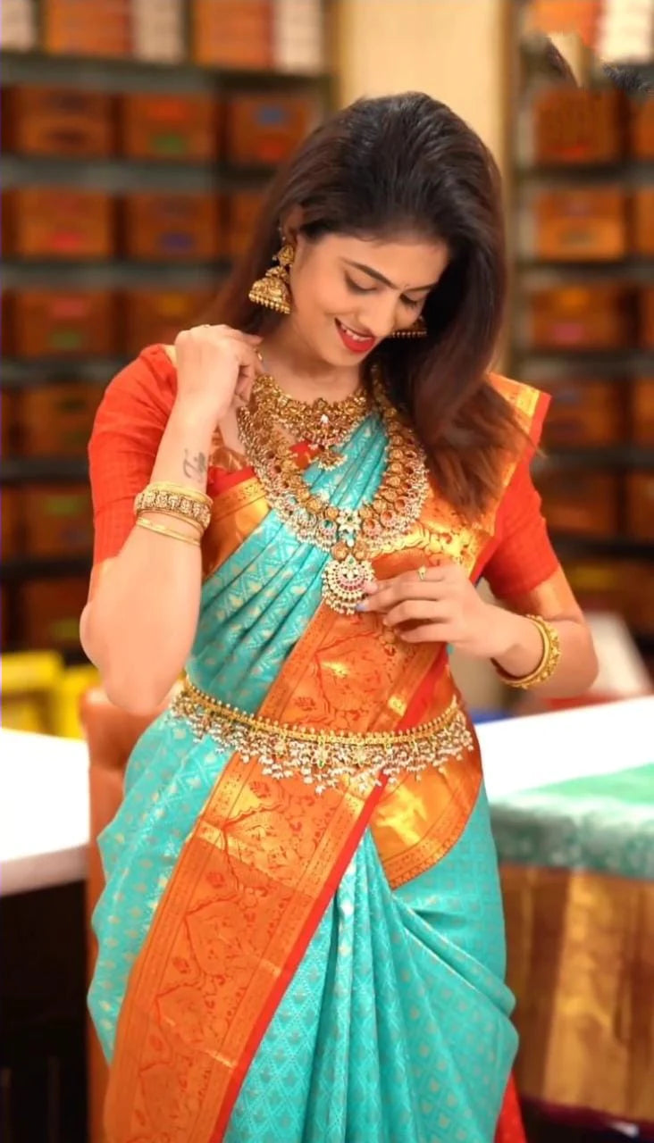 Groovy Turquoise Soft Silk Saree with Propinquity Blouse Piece - Shop authentic Indian Women's Fashion by Silk Folks