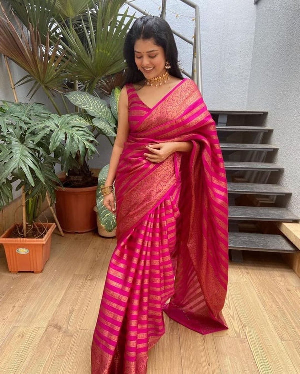 Glowing Pink Soft Silk Saree With Groovy Blouse Piece - Shop authentic Indian Women's Fashion by Silk Folks