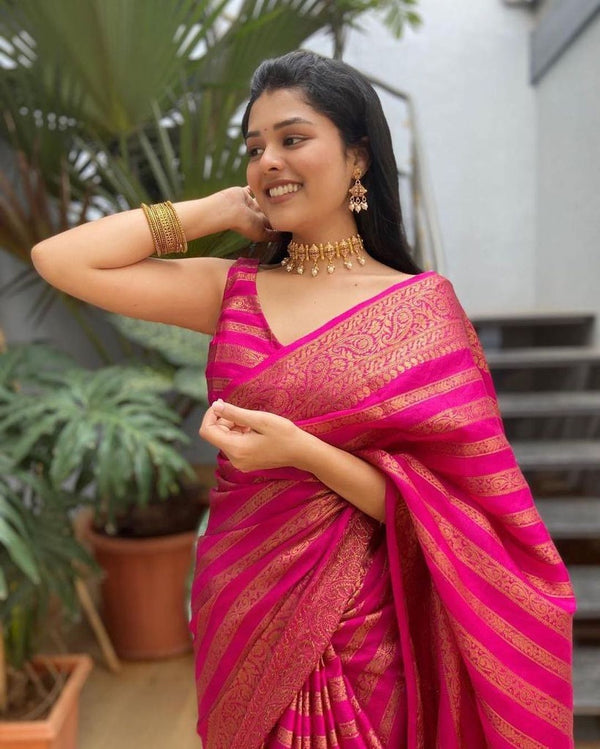 Glowing Pink Soft Silk Saree With Groovy Blouse Piece - Shop authentic Indian Women's Fashion by Silk Folks