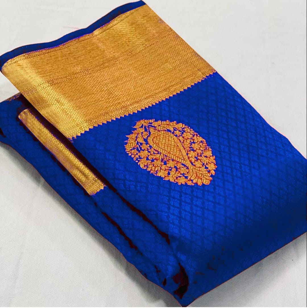 Trendy Royal Blue Soft Banarasi Silk Saree With Lissome Blouse Piece - Shop authentic Indian Women's Fashion by Silk Folks