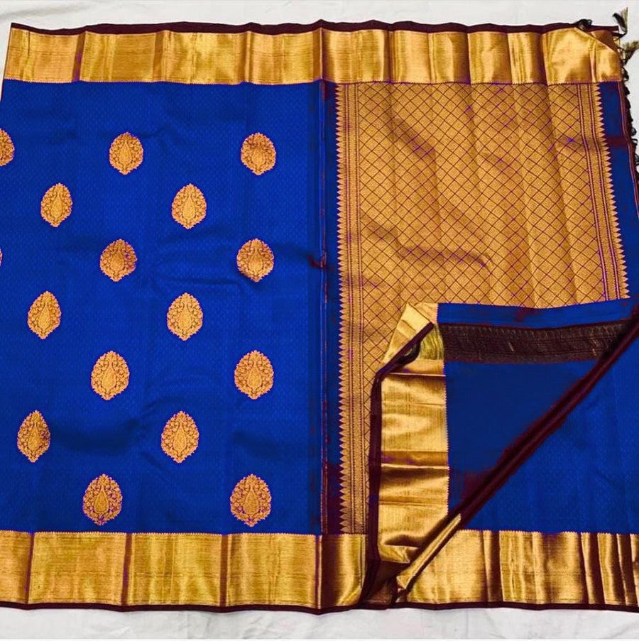 Trendy Royal Blue Soft Banarasi Silk Saree With Lissome Blouse Piece - Shop authentic Indian Women's Fashion by Silk Folks