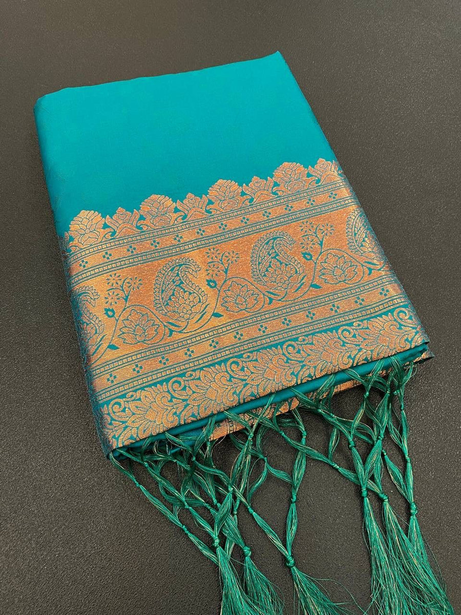 Elegant Firozi Soft Banarasi Silk Saree With Snazzy Blouse Piece - Shop authentic Indian Women's Fashion by Silk Folks
