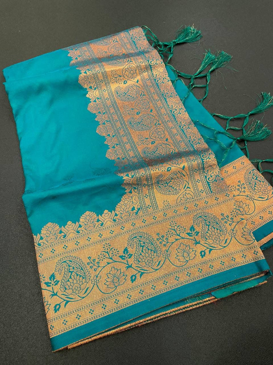Elegant Firozi Soft Banarasi Silk Saree With Snazzy Blouse Piece - Shop authentic Indian Women's Fashion by Silk Folks