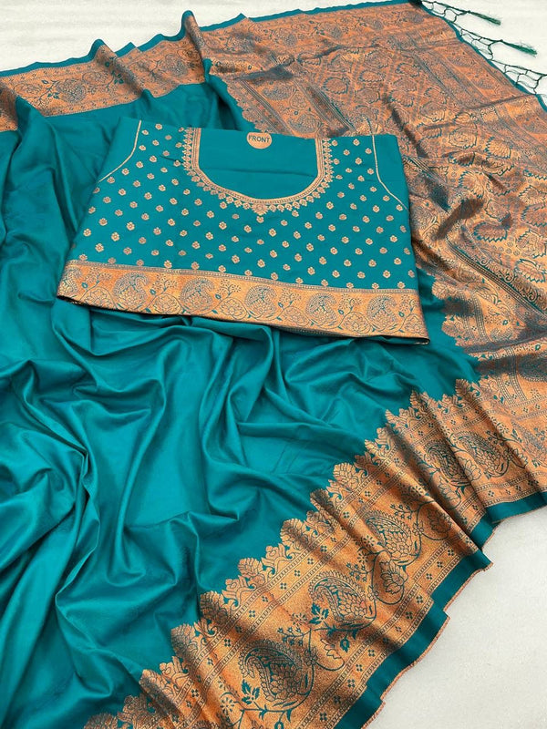 Elegant Firozi Soft Banarasi Silk Saree With Snazzy Blouse Piece - Shop authentic Indian Women's Fashion by Silk Folks