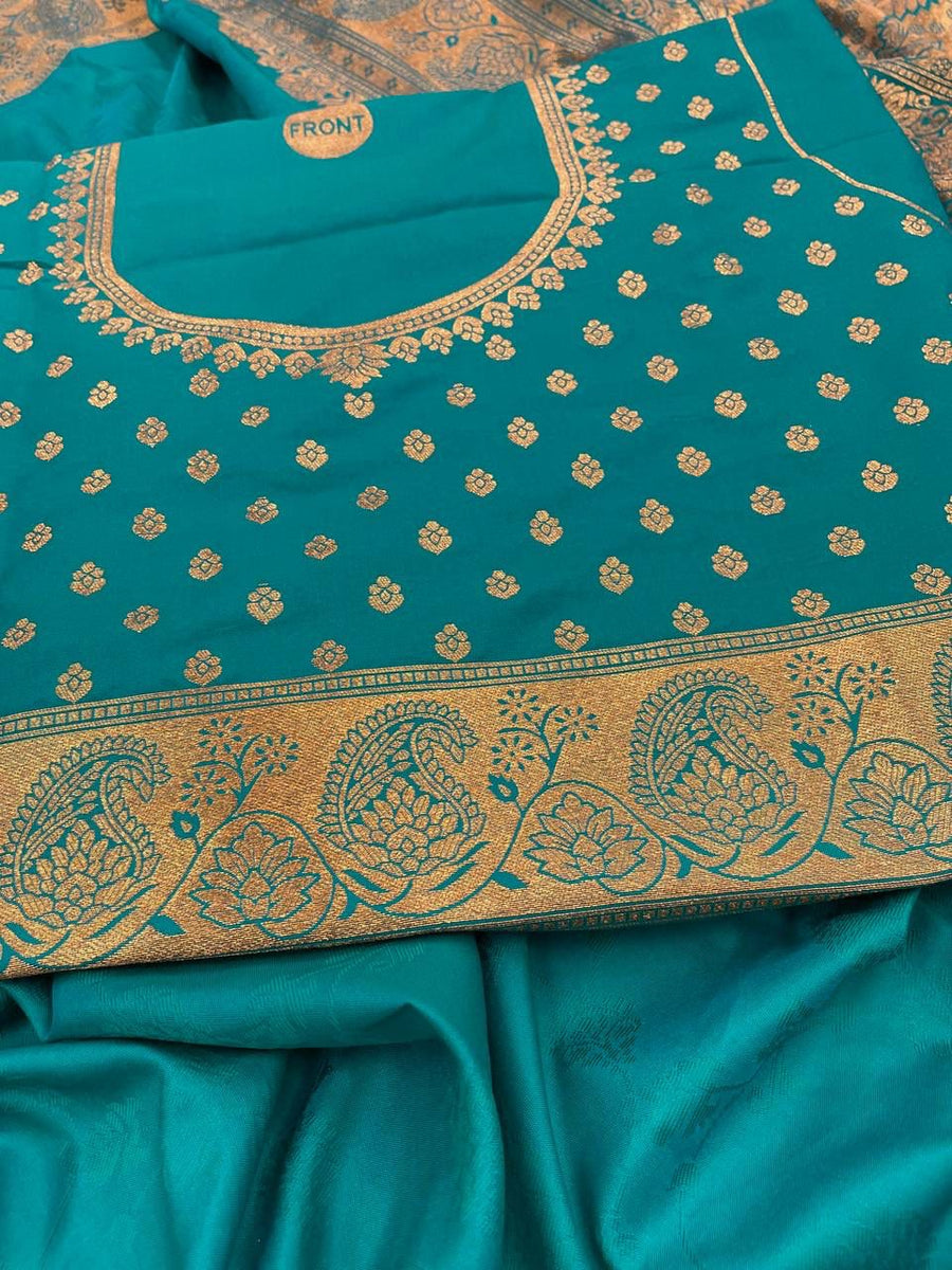 Elegant Firozi Soft Banarasi Silk Saree With Snazzy Blouse Piece - Shop authentic Indian Women's Fashion by Silk Folks