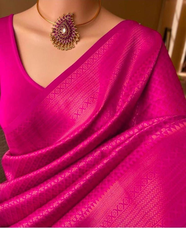 Smart Dark Pink Soft Silk Saree With Demure Blouse Piece - Shop authentic Indian Women's Fashion by Silk Folks