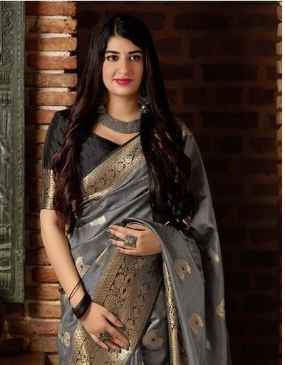 Desuetude Grey Banarasi Silk Saree With Panoply Blouse Piece - Shop authentic Indian Women's Fashion by Silk Folks