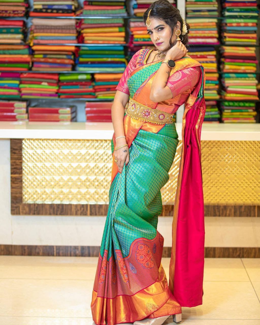 Sumptuous Rama Soft Silk Saree With Glittering Blouse Piece - Shop authentic Indian Women's Fashion by Silk Folks