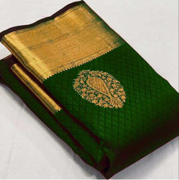 Ideal Dark Green Soft Banarasi Silk Saree With Lissome Blouse Piece - Shop authentic Indian Women's Fashion by Silk Folks
