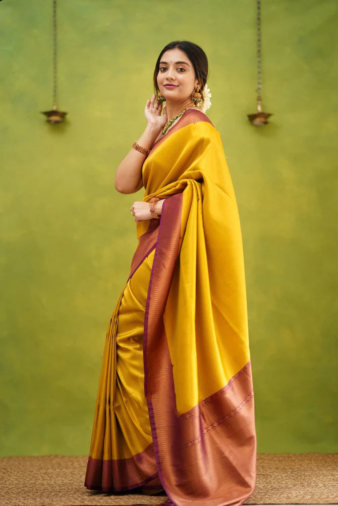 Demesne Golden Soft Kanjivaram Silk Saree With Desuetude Blouse Piece - Shop authentic Indian Women's Fashion by Silk Folks