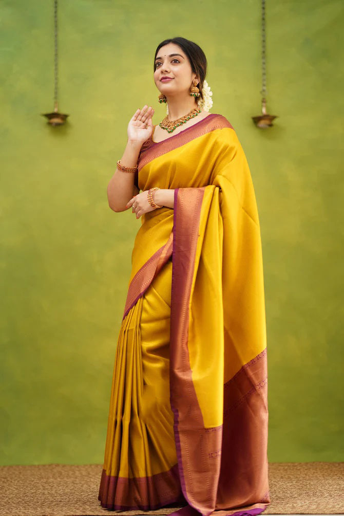 Demesne Golden Soft Kanjivaram Silk Saree With Desuetude Blouse Piece - Shop authentic Indian Women's Fashion by Silk Folks