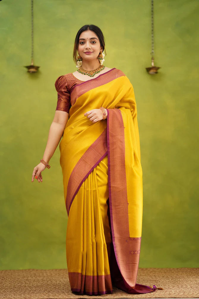 Demesne Golden Soft Kanjivaram Silk Saree With Desuetude Blouse Piece - Shop authentic Indian Women's Fashion by Silk Folks