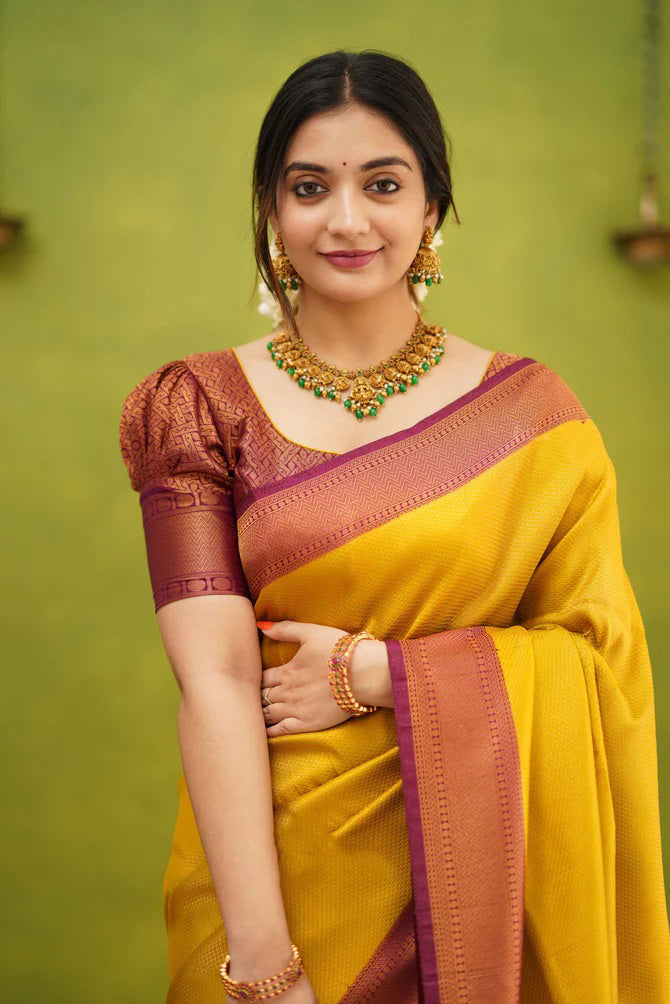 Demesne Golden Soft Kanjivaram Silk Saree With Desuetude Blouse Piece - Shop authentic Indian Women's Fashion by Silk Folks