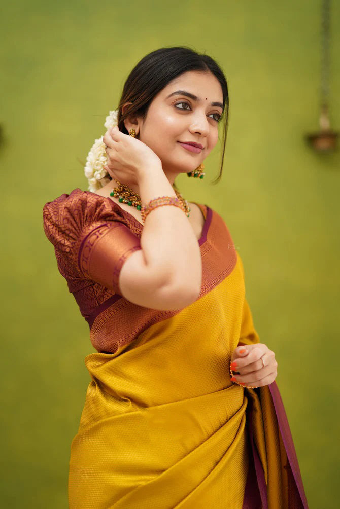 Demesne Golden Soft Kanjivaram Silk Saree With Desuetude Blouse Piece - Shop authentic Indian Women's Fashion by Silk Folks