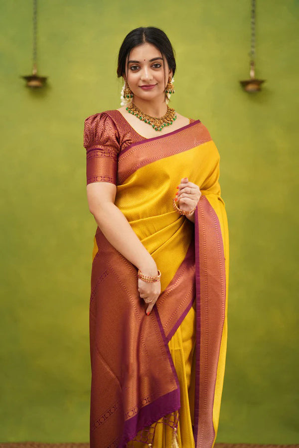 Demesne Golden Soft Kanjivaram Silk Saree With Desuetude Blouse Piece - Shop authentic Indian Women's Fashion by Silk Folks