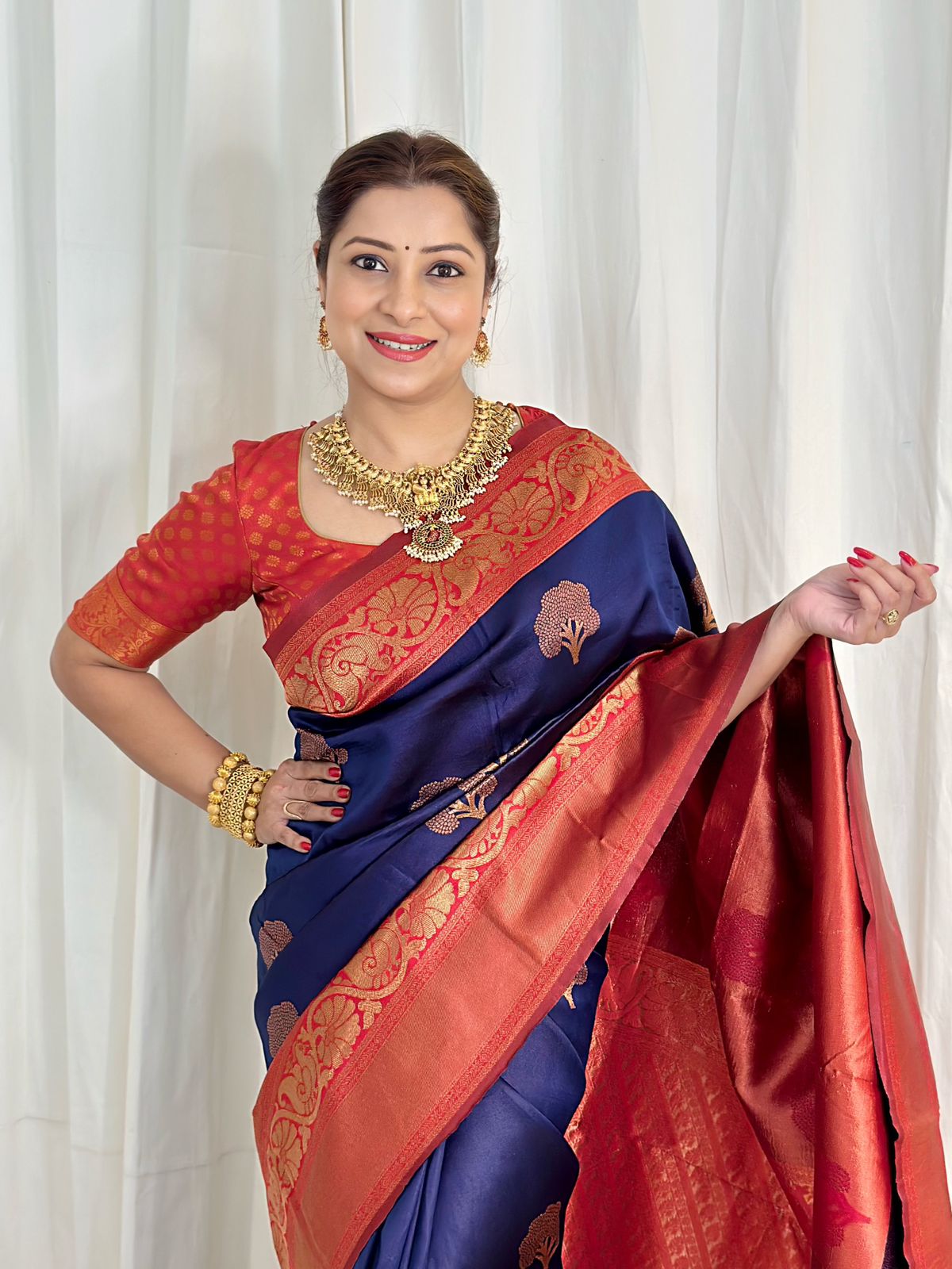 Panoply Navy Blue Soft Banarasi Silk Saree With Moiety Blouse Piece - Shop authentic Indian Women's Fashion by Silk Folks