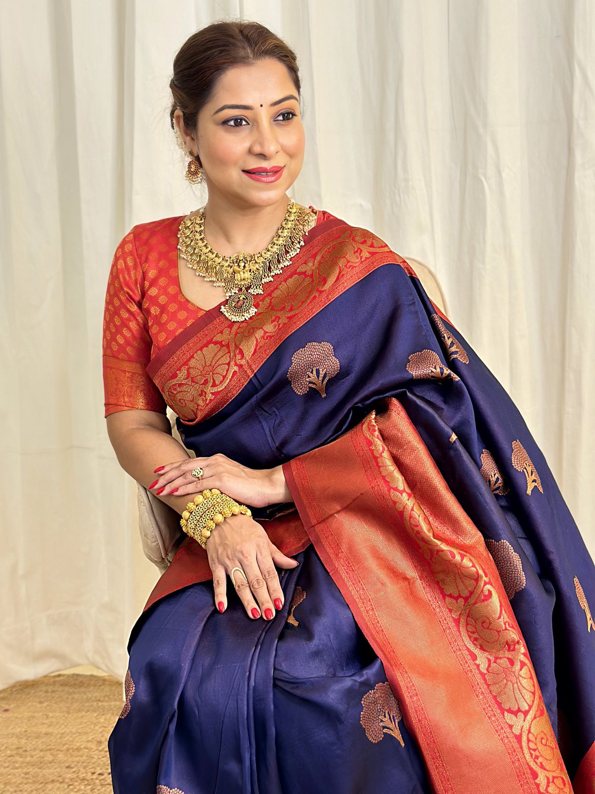 Panoply Navy Blue Soft Banarasi Silk Saree With Moiety Blouse Piece - Shop authentic Indian Women's Fashion by Silk Folks