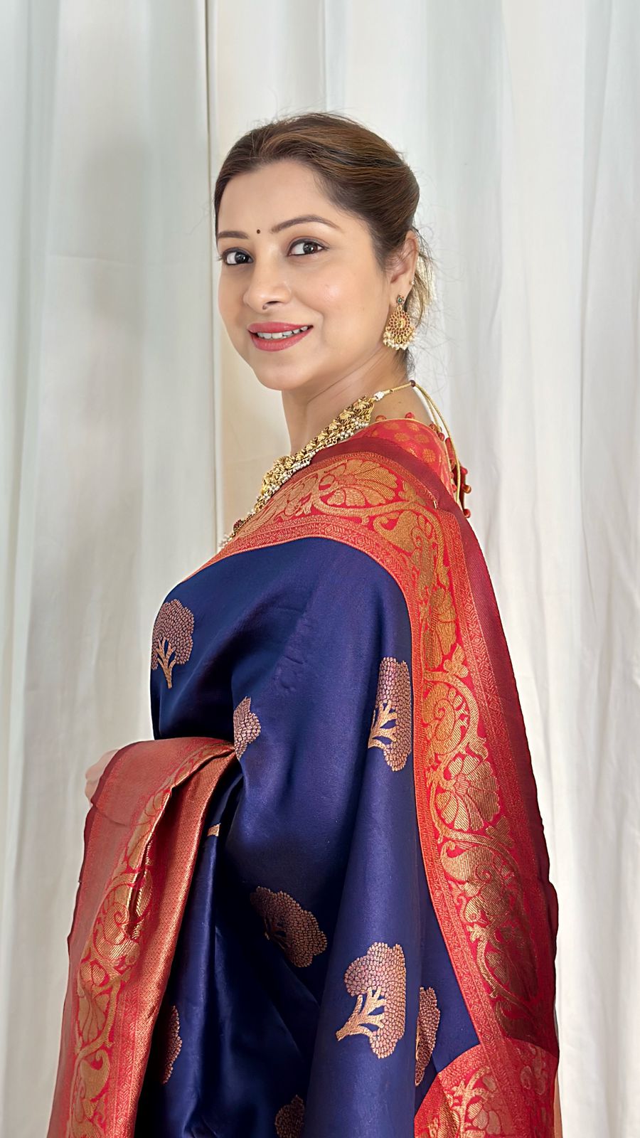 Panoply Navy Blue Soft Banarasi Silk Saree With Moiety Blouse Piece - Shop authentic Indian Women's Fashion by Silk Folks