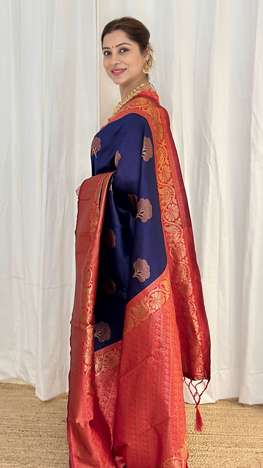 Panoply Navy Blue Soft Banarasi Silk Saree With Moiety Blouse Piece - Shop authentic Indian Women's Fashion by Silk Folks