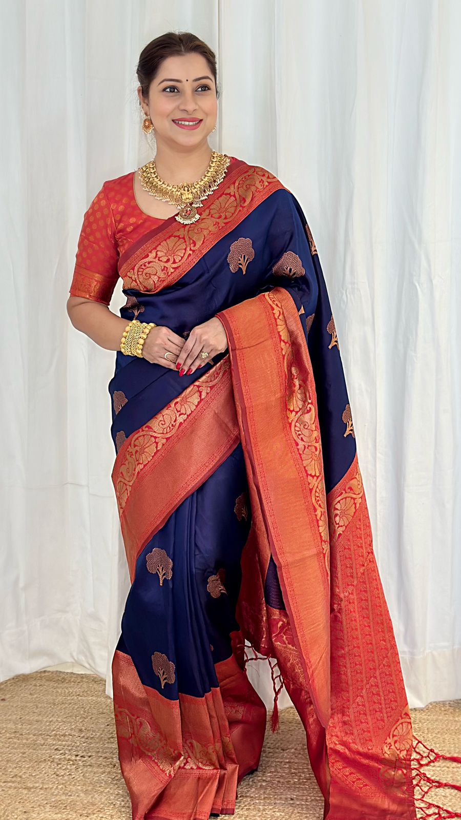 Panoply Navy Blue Soft Banarasi Silk Saree With Moiety Blouse Piece - Shop authentic Indian Women's Fashion by Silk Folks