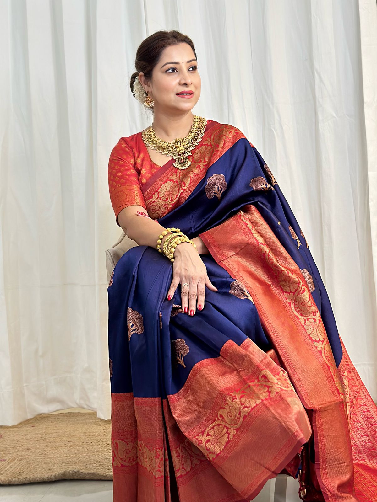Panoply Navy Blue Soft Banarasi Silk Saree With Moiety Blouse Piece - Shop authentic Indian Women's Fashion by Silk Folks