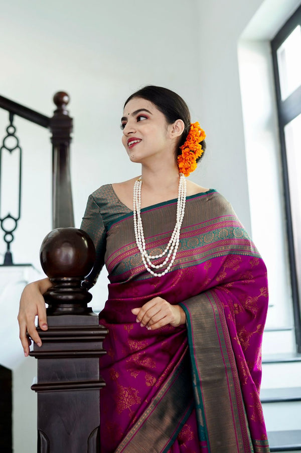 Snappy Purple Soft Banarasi Silk Saree With Magnetic Blouse Piece - Shop authentic Indian Women's Fashion by Silk Folks