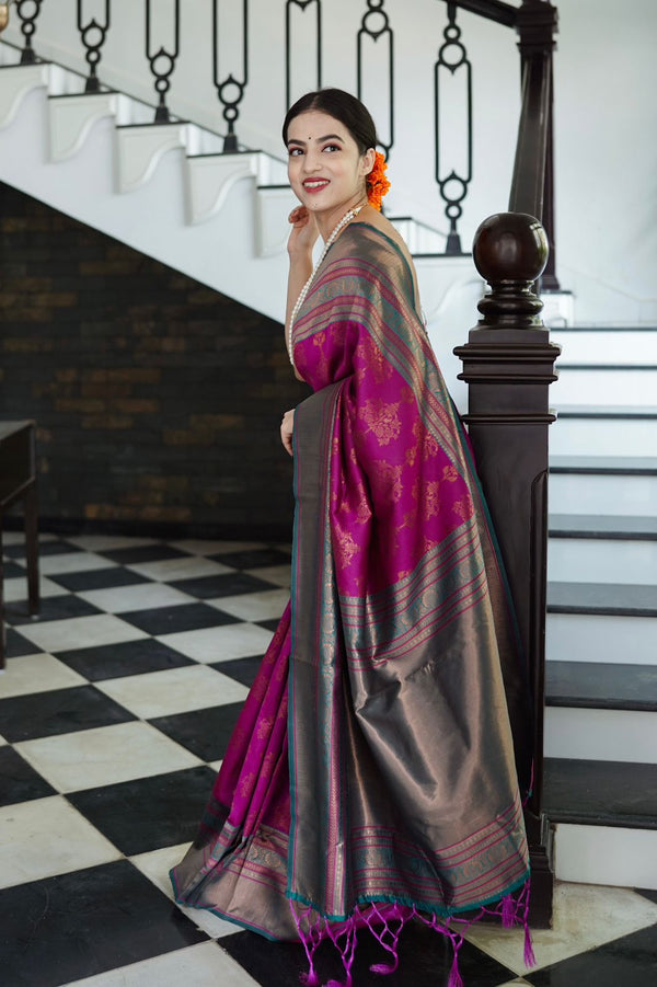 Snappy Purple Soft Banarasi Silk Saree With Magnetic Blouse Piece - Shop authentic Indian Women's Fashion by Silk Folks