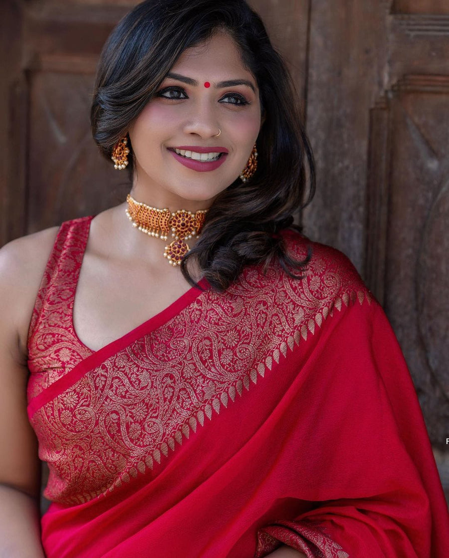 Adorning Red Soft Silk Saree With Unequalled Blouse Piece - Shop authentic Indian Women's Fashion by Silk Folks