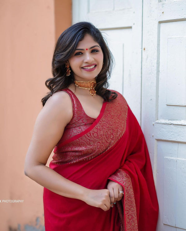 Adorning Red Soft Silk Saree With Unequalled Blouse Piece - Shop authentic Indian Women's Fashion by Silk Folks